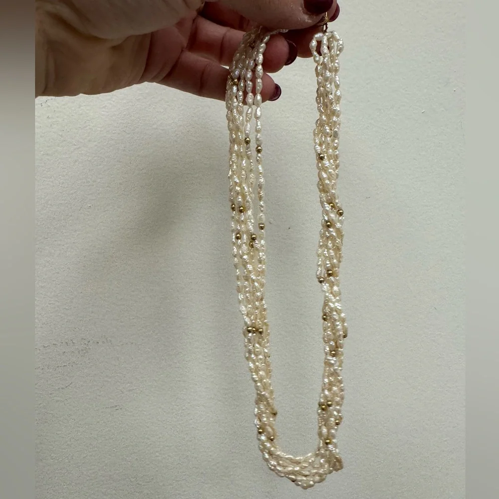Elegant Freshwater Seed Pearls and 14K Yellow Gold Beaded Necklace